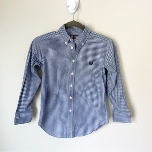 Chaps Gingham Button Down Dress Shirt Navy Blue White Big Boy Small 8